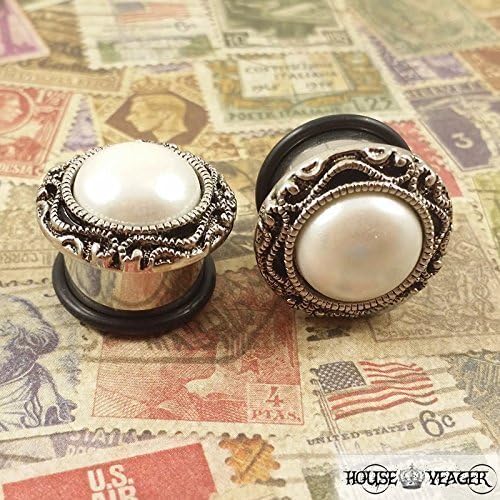 Plug and Gauge Earrings by House Yeager - Round Antique Style Pearl Plugs for Stretched Ears