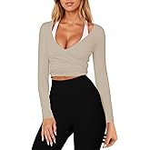 IYOWEL Womens Ballet Wrap Top Tie Front Long Sleeve Workout Yoga Pilates Shirts Y2K Coquette Tops Going Out Wear
