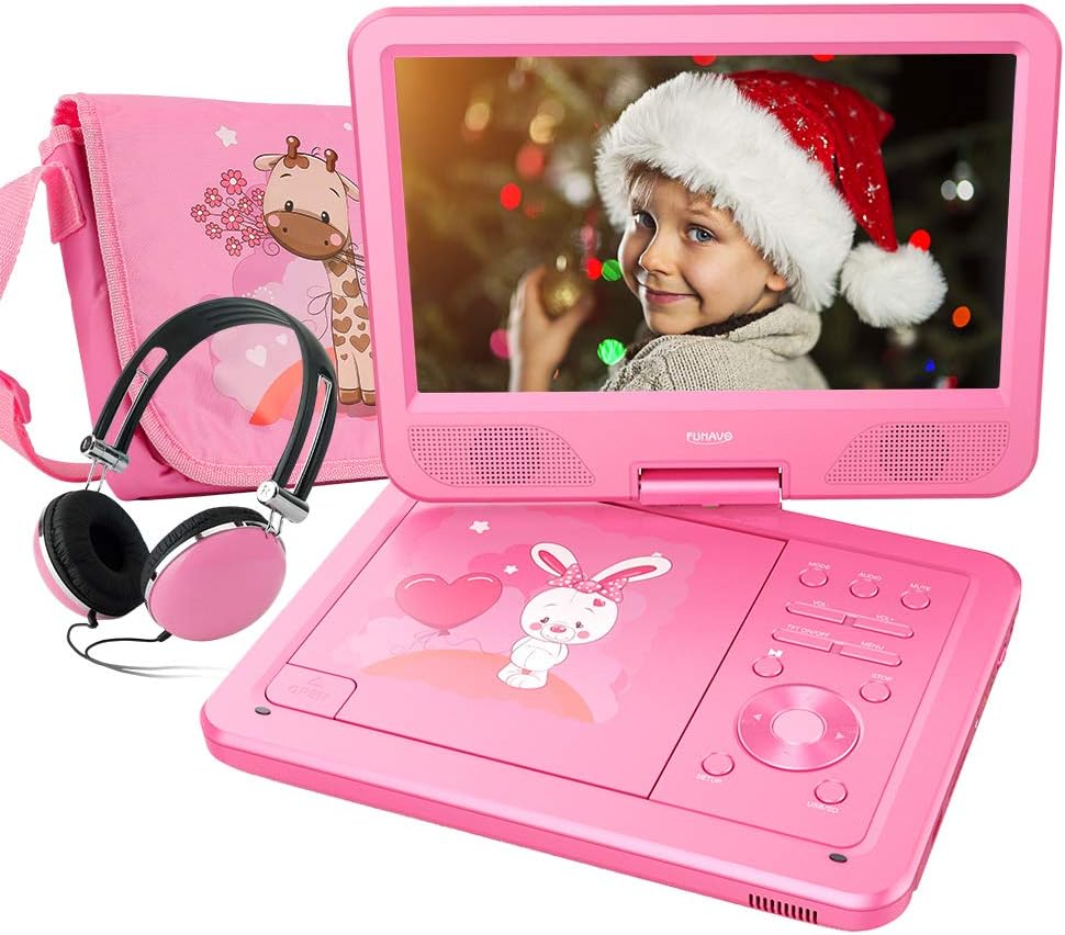 FUNAVO 10.5" Portable DVD Player with Headphone, Carring Case, Swivel Screen, 5 Hours Rechargeable Battery, SD Card Slot and USB Port (Pink)