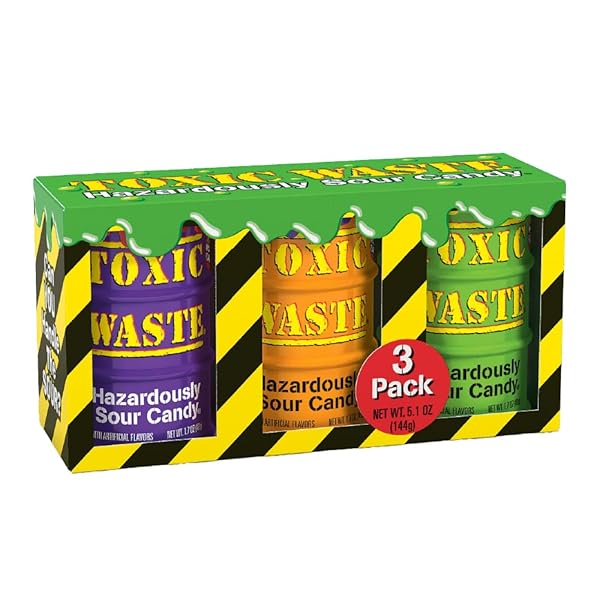 TOXIC WASTE – HAZARDOUSLY SOUR CANDY – 5 ASSORTED FLAVORS & 1 NEW MYSTERY FLAVOR – SPECIAL EDITION PURPLE, ORANGE, & GREEN DRUMS – 3-PACK