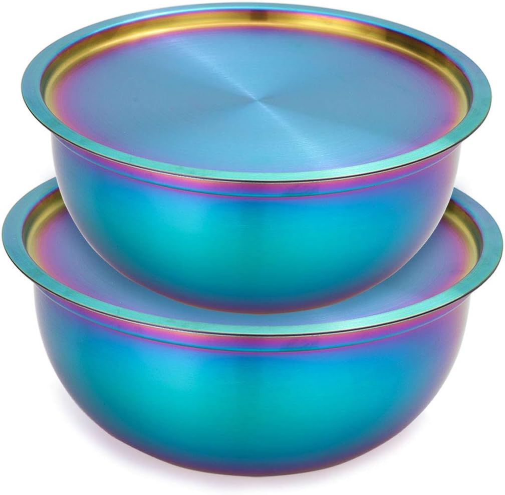 OMGard Mixing Bowl Set of 2 with Lid Rainbow 18/10 Stainless Steel Salad Bowl for Kitchen Cooking, Baking, Food Prep, Nesting Bowls with Lid for Fridge Storage Metal 2.6, 3.2 Liter Dishwasher Safe