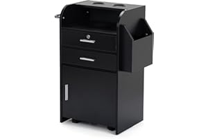 RESHABLE Salon Trolley Cart with Wheels,Hair Stylist Salon Station with 2 Hair Dryer Holders & 2 Drawer & 1 Large Cabinet & Towel Rack, Black