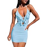 HYPERFIRE Women's Sexy Halter Ruffle V Neck Cut Out Waist Mesh Mini Dress Sleeveless Tie Back Bodycon Dresses