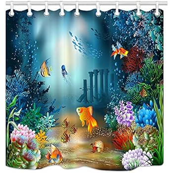 NYMB Ocean Animal Kids Shower Curtains, Underwater Sea Life Goldfishes in Coral Reef Flower,Polyester Fabric Waterproof Bathroom Curtains, Shower Curtain Hooks Included, 70X70in