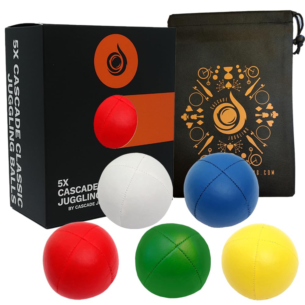 Cascade Juggling 5 x Pro 115g Cascade Classic Juggling Balls - Thud Juggling Balls & Bag - Set of 5 (Red, Blue, Green, Yellow, White)