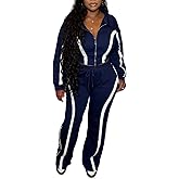 AWASIR Women Striped 2 Piece Outfits Long Sleeve Zip Up Jacket Top and Wide Leg Pants Set Tracksuits with Pocket