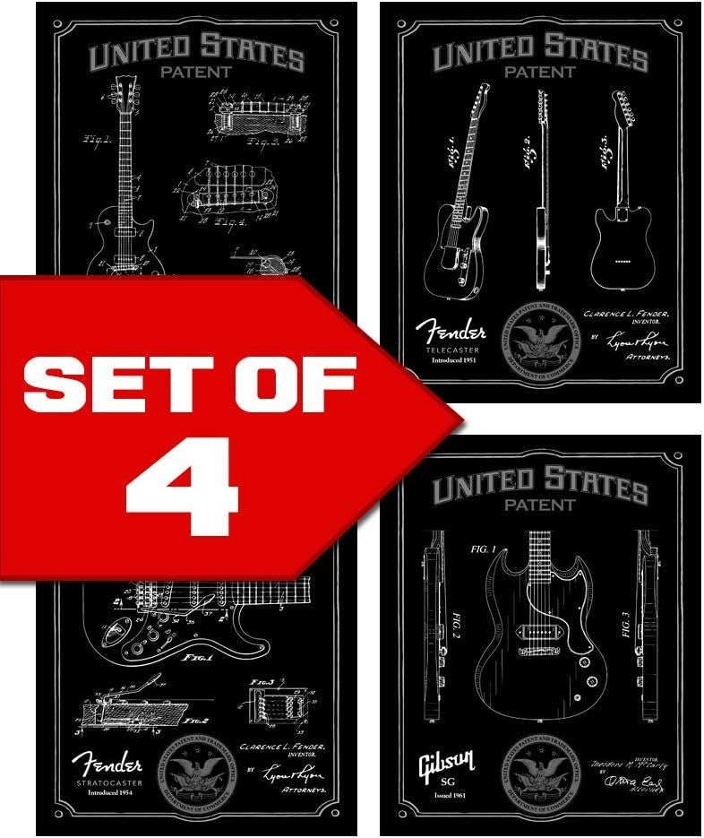 Wallables Black Classic Electric Guitar Patents Decor Set of Four 8x10 Vintage Guitar Themed Decorative Prints, Great for Bachelor pad, Office, Living Room.