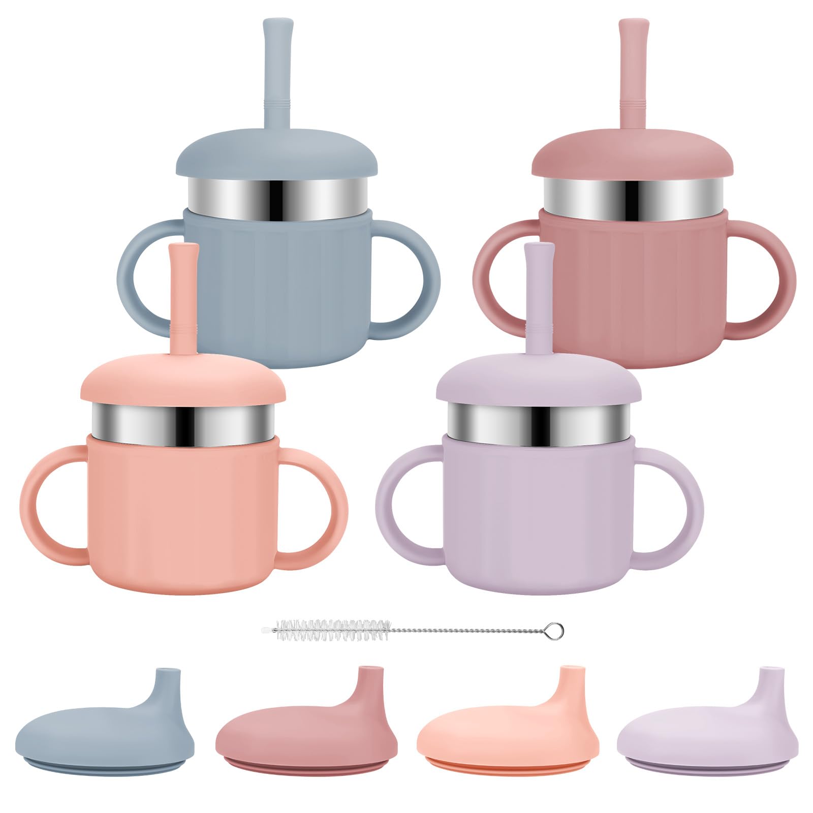 Photo 1 of EsOfficce Baby Sippy Cups, 7.4 Oz Sippy Cups, 3 Stages Training Cup, Straw Cup for Infants Toddlers 6-12 Month and Kids 1-3 Year, Stainless Steel Kid Cups with Silicone Straws, 4 Colors B