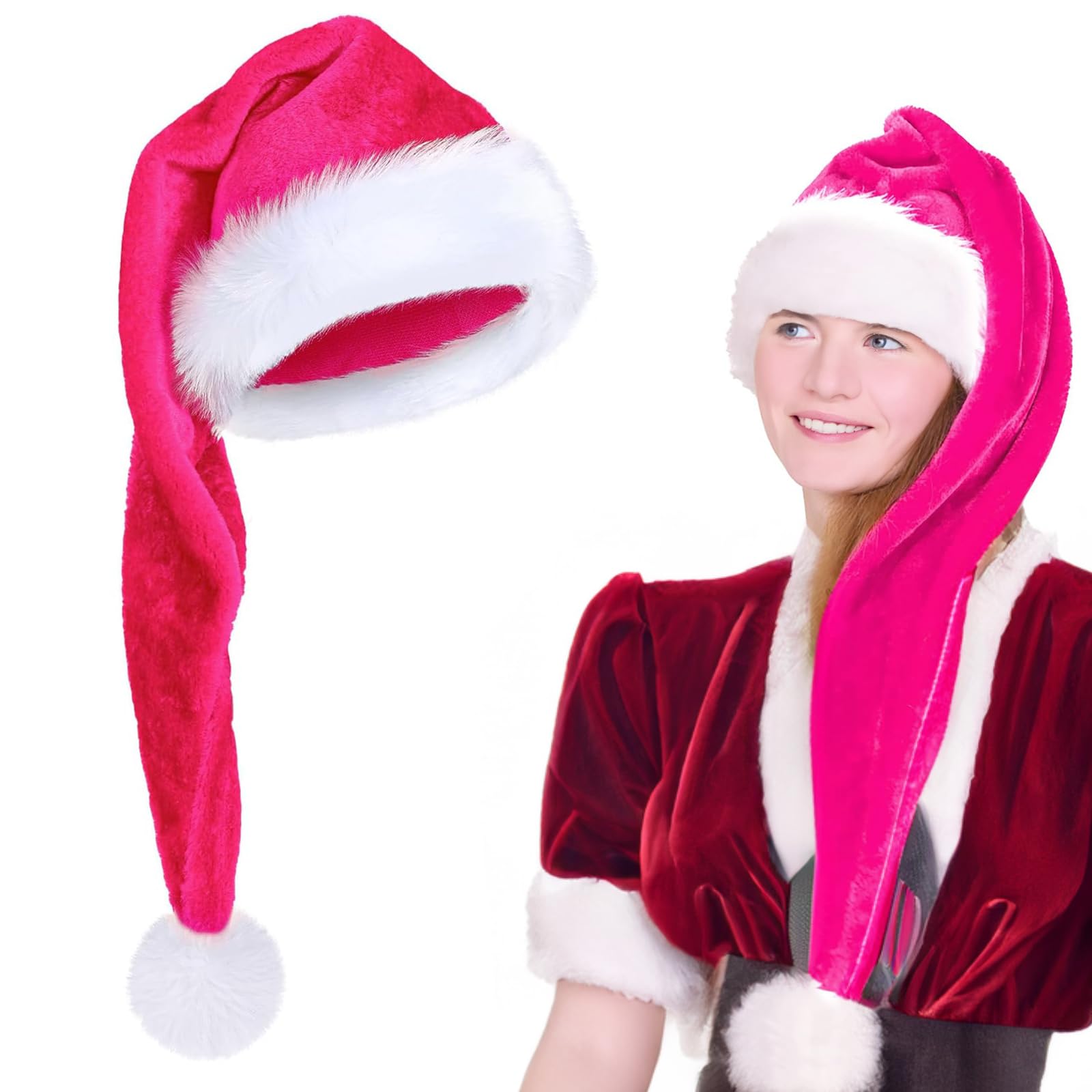 Extra Long Santa Claus Hat for Adults,75cm Large Pink ChristmasHat,Xmas Caps,Velvet Christmas Hats,Santa Claus Costume Father Christmas Fancy Dress Accessory Props For Christmas Party Funny Xmas Gift