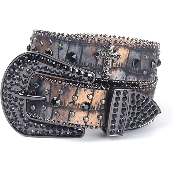Western Rhinestone Belt Dark Brown Croc Leather Silver Floral Buckle Bling 38\