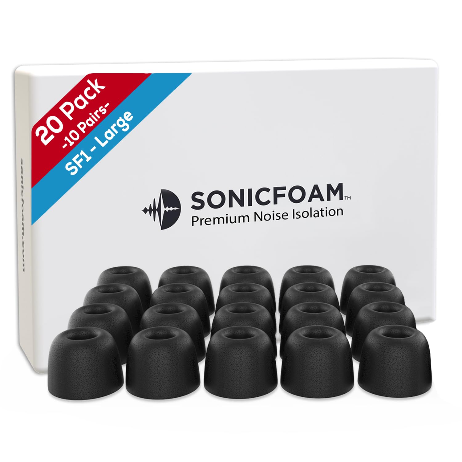 SONICFOAM (SF1 Large Black) Memory Foam Earbud Tips for Earbuds with Speaker Diameter 5.8-6.5mm - (20 Pack / 10 Pairs)
