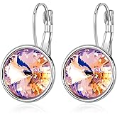 Austrian Crystals Round Drop Leverback Earrings for Women 14K Gold Plated Hypoallergenic Hoop Earrings