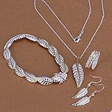 Fashion 925 Silver Plated Jewelry Set Hand Chain Bracelet Necklace Earings Eardrop Ring White Feather