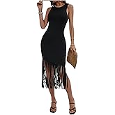 SweatyRocks Women's Fringe Bodycon Midi Dresses Crew Neck Sleeveless Going Out Slim Fit Sundress