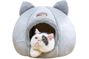 JCATPD Cat Ear-Shaped Bed for Indoor Cats,Semi-Enclosed Kitten Bed with A Removable Mat & Non-Slip Bottom for Cat and Small Dog,Cats Hideaway (Gray, M：14×14×14in(36×36×36cm))