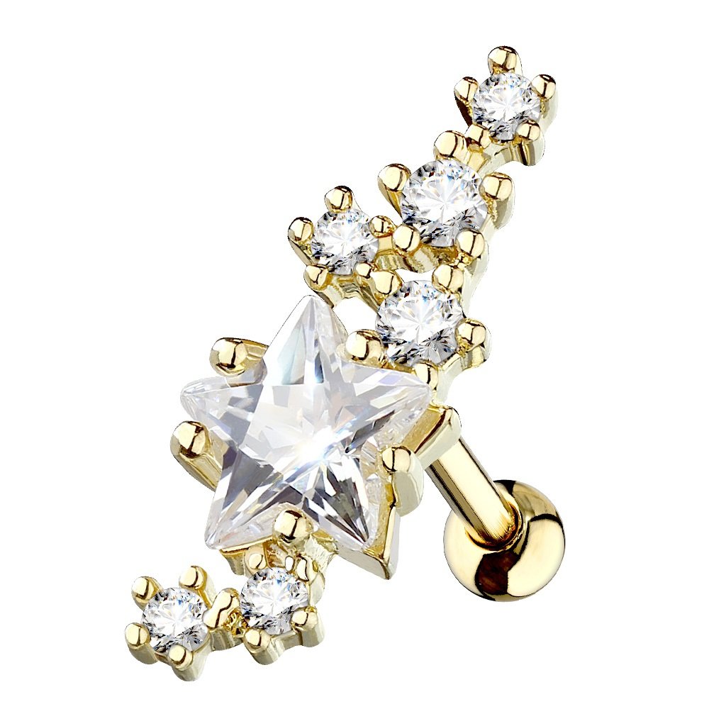 PiercedOff Gold Tone IP over 316L Surgical Steel Star 1.2mm Cartilage Barbell With Clear CZ Gems - Bar Length 6mm