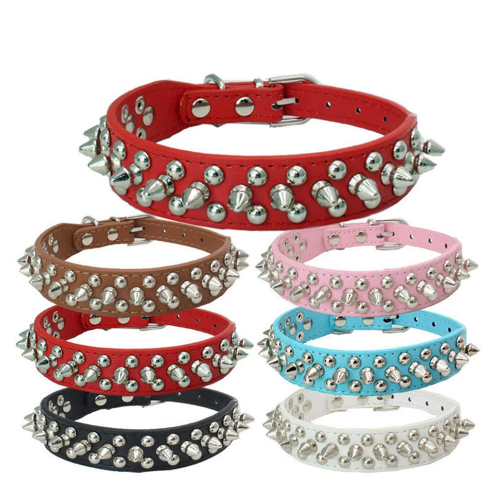 Spiked Dog Collar Small Rivet Spike Studded Puppy Girl Female Boy Little Pet Kitten Adjustable Collars for Cats Cute Soft Pu Leather Spiky Stud Collar New Red M
