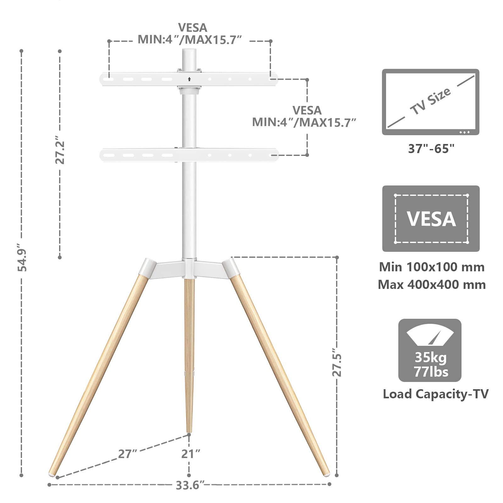 TVON Tripod Easel TV Stand for 37–65 Inch LED LCD Flat/Curved Screen TVs up to 77 lbs, Height Adjustable Corner TV Stand with Cable Management and 180° Swivel for Bedroom, Living Room, Studio, White
