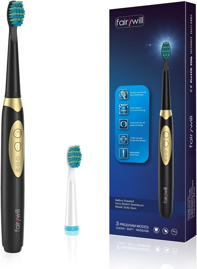 Fairywill Electric Toothbrush,Battery Powered Electric Toothbrush with 3 Modes 2 AAA Batteries 2 Mins Smart Timer and 2 Brush Heads Black(FW-2011)