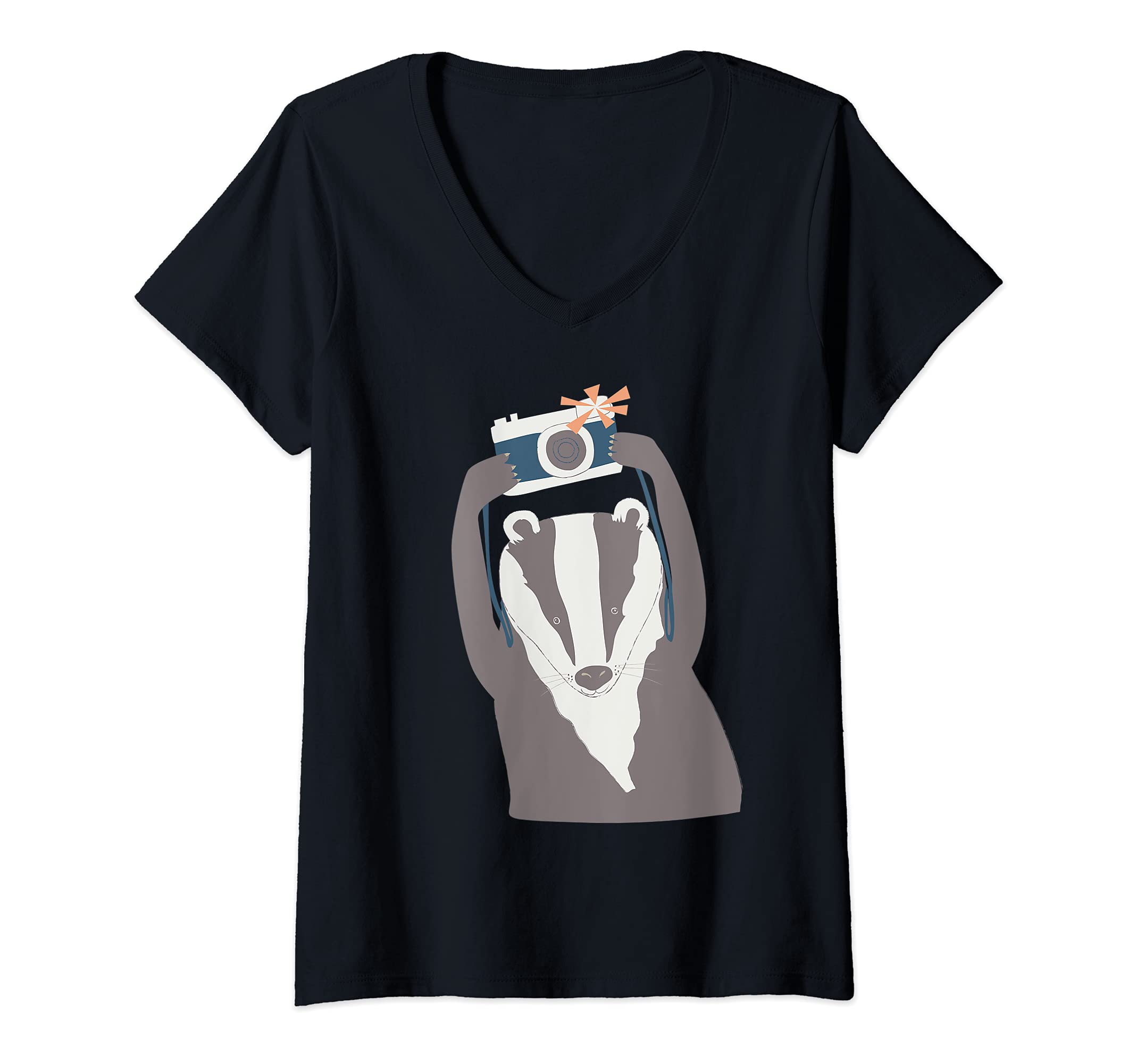 Womens Spectacled Bear Camera Photographer Camping Campfire Hiker V-Neck T-Shirt