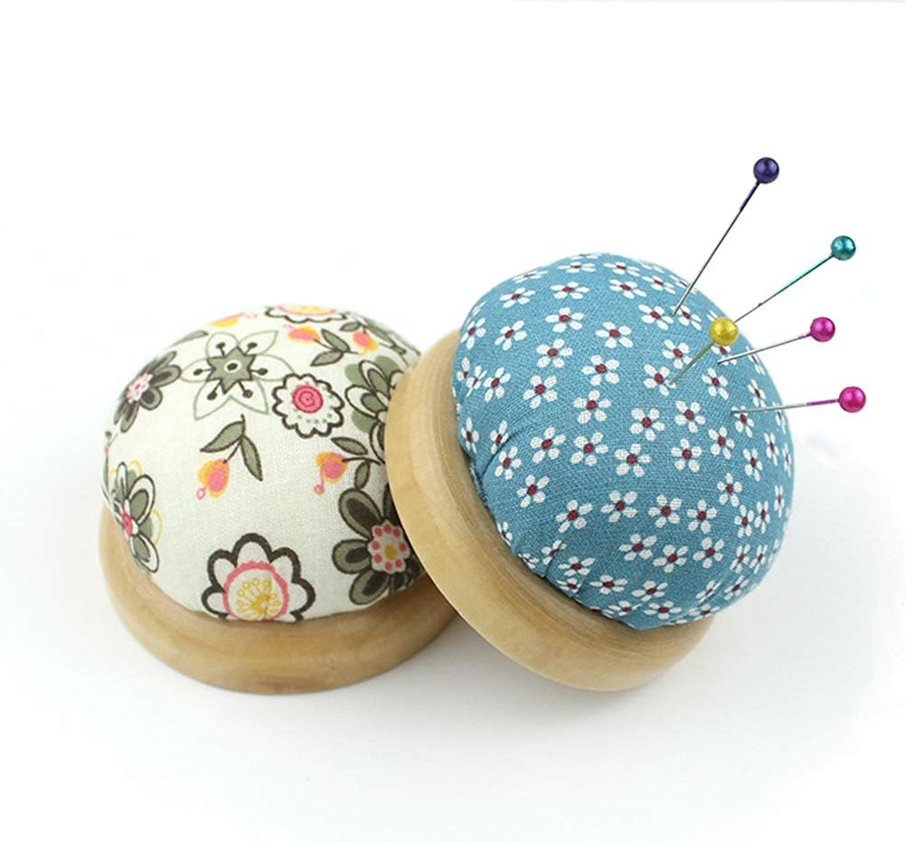 3 Pcs Round Wooden Base Pin Cushion Floral Pattern Pin