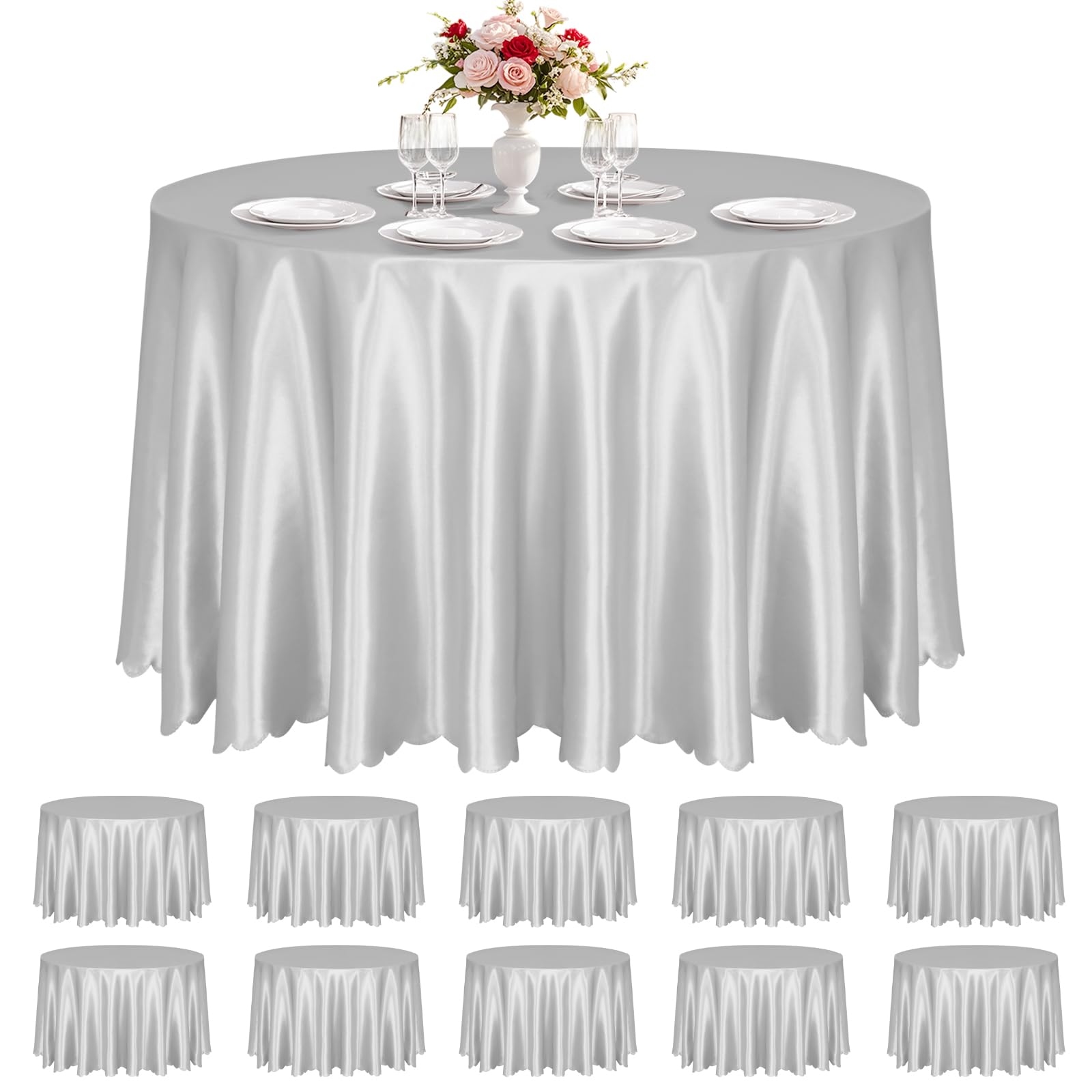 Photo 1 of KKJIAF 10 Pack Silver Satin Round Table Cloths 90 Inch, Overlay Round Table Cover, Silky Satin Dining Tablecloth for Wedding Buffet Parties Banquet Decoration