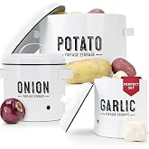 Granrosi Potato and Onion Storage Bin Set with Garlic Storage, White Metal | 3-Piece Kitchen Canister Set for Countertop, Rustproof Metal &amp; Vented Design Keeps Produce Fresh Longer, Farmhouse Style