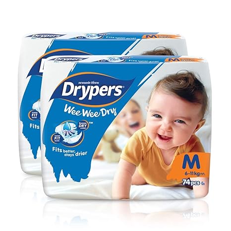 Drypers Wee Wee Dry Medium Sized Diapers, Combo Pack of 2, 74 Counts Each (148 Counts)(Taped Diaper)