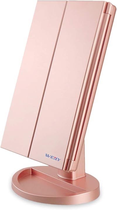 WEILY Trifold Makeup Mirror 1x/2x/3x LED Touch Screen Rose Gold