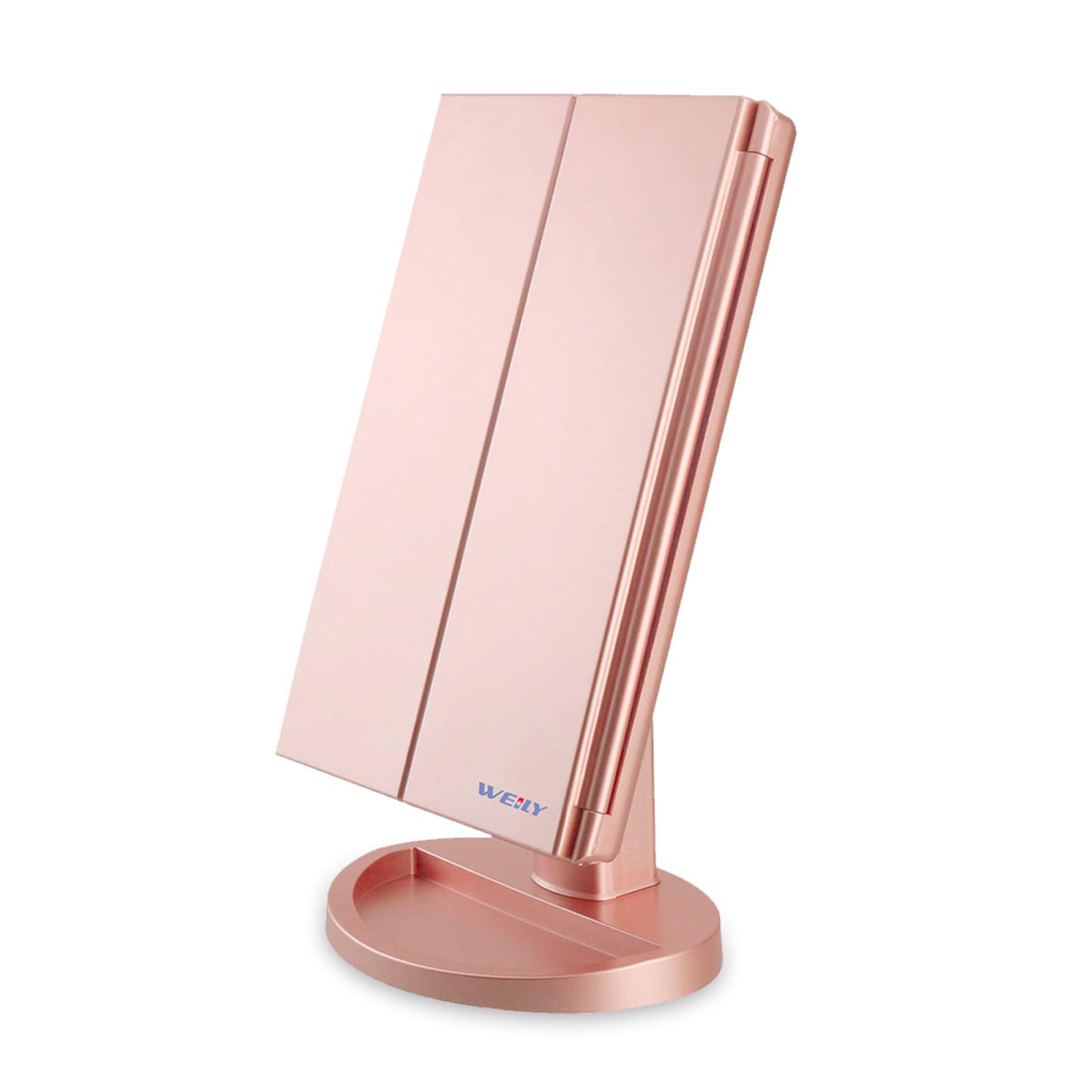 WEILY Makeup Mirror, 1x/2X/3X Trifold Makeup Mirror with 21 LED Lights and Adjustable Touch Screen Mirrors Cosmetic Countertop Mirrors (Rose Gold)