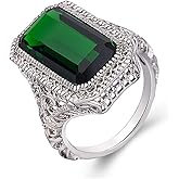 DTECGOUG 925 Sterling Silver Shiny Emerald Square Cut Green Simulated Emerald Vintage Silver Women's Ring Handmade Ring Single Stone Engagement Ring
