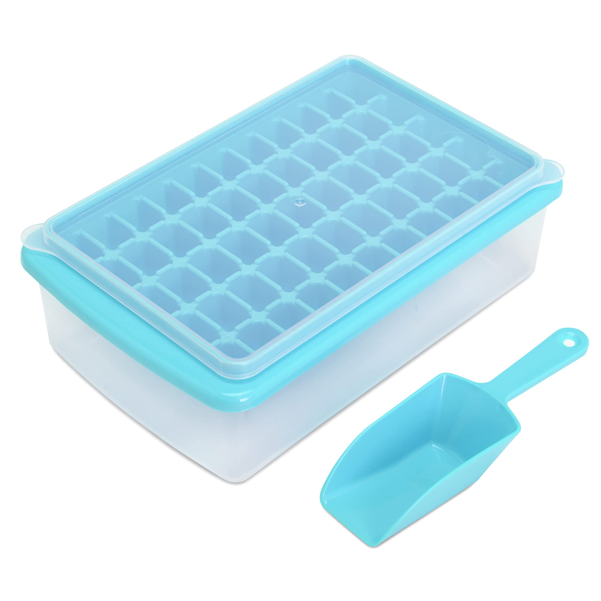 Ice Cube Tray with Lid and Bin for Freezer, Easy Release 55 Nugget Ice Tray with Cover, Storage Container, Scoop. Perfect Small Ice Cube Maker Tray & Mold. Flexable Durable Plastic, BPA Free