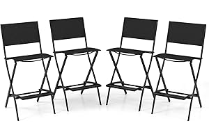 COSTWAY Outdoor Patio Bar Chair Set of 4, Folding Bar Height Stool with Metal Frame & Footrest, Patio Bar Stool for Balcony, Garden & Poolside (4, Black)