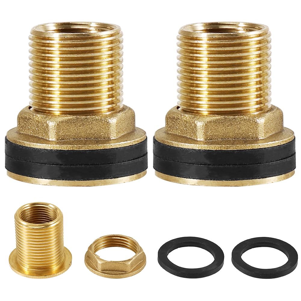 2 Stück Regentonnendurchführung, Messing Behälterverschraubung, AG 3/4" x IG 1/2", Tankdurchführung mit 4 Dichtungen, für Wasserhahn, Behälter, Tanks und Fässer, 3/4" Außengewinde x 1/2" Innengewinde