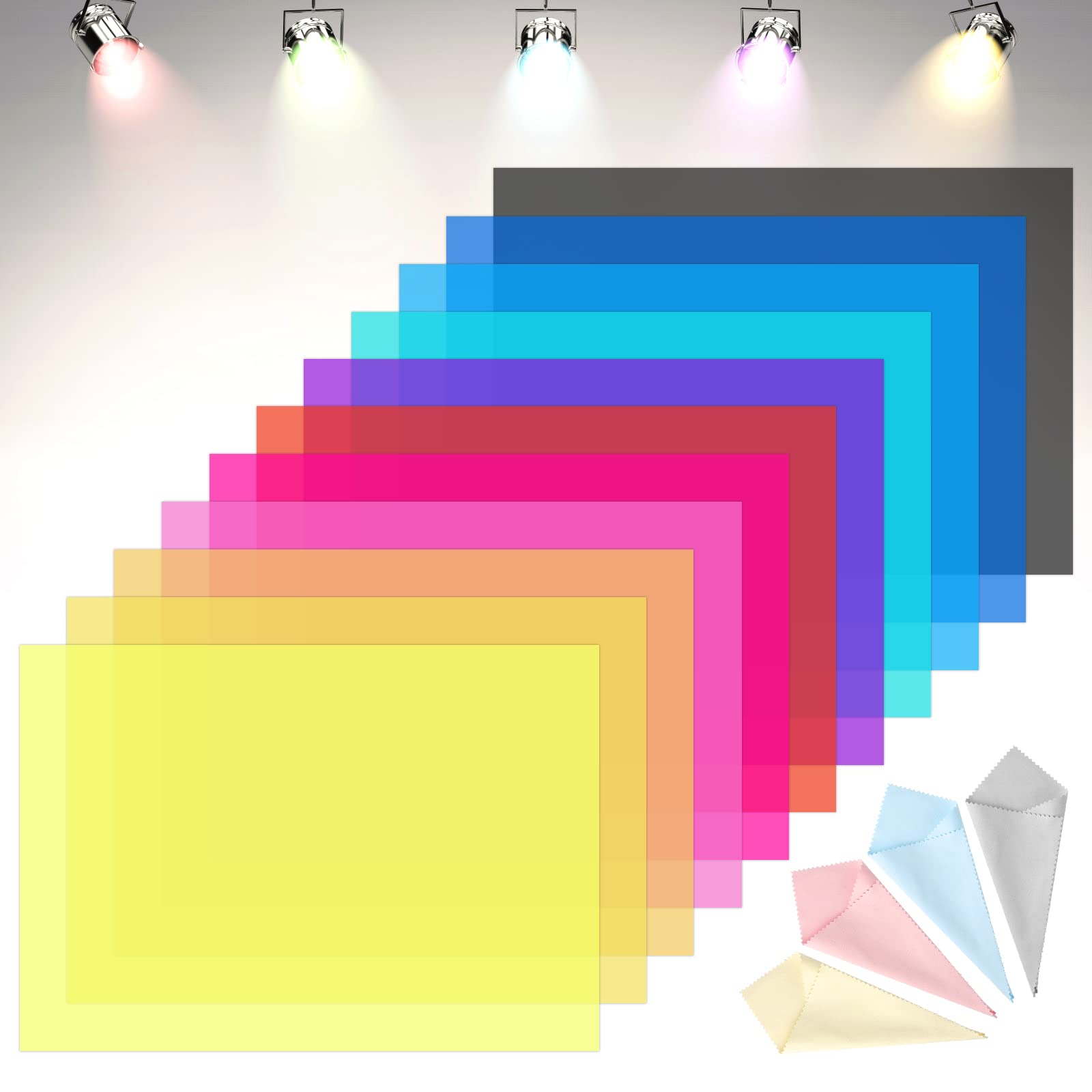 11Pcs Correction Gel Light Filter, 29.7 x 21cm Square Transparent Color Film Plastic Sheets, Overlays Transparency Color Film for LED Video Light Camera Flash Light(11 Colors