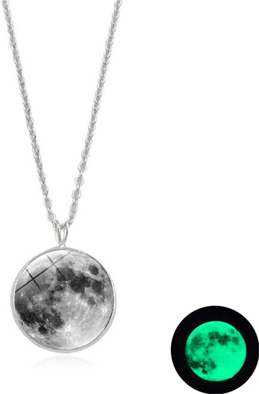 Glow in The Dark Moon Necklace 14Mm Galaxy Planet Glass Cabochon Pendant Necklace Silver Chain Luminous J