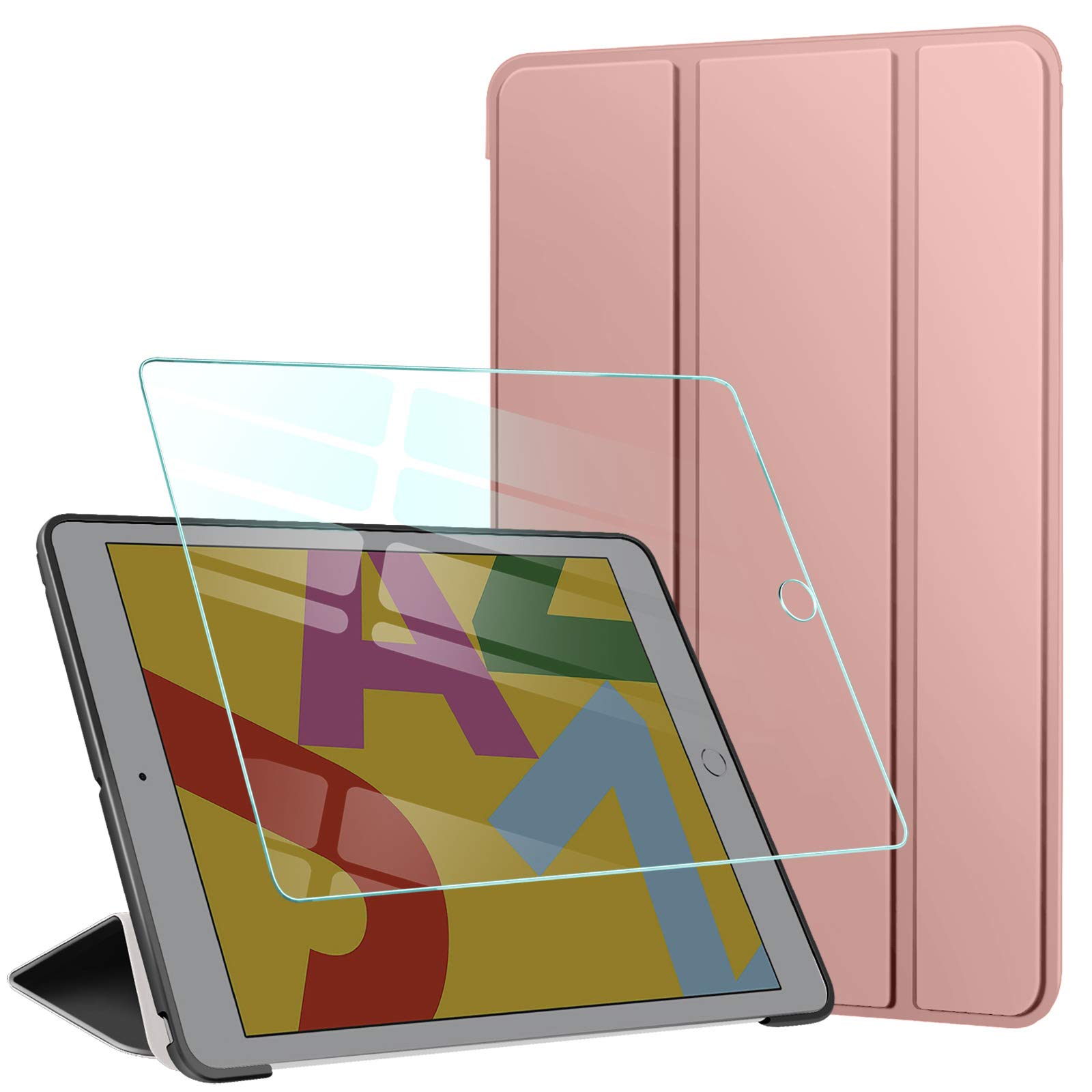 AROYI Case iPad 10.2 2019 + Screen Protector, Ultra Thin with Stand Function Slim PU Leather Smart Case with Auto Wake/Sleep for iPad 10.2 2019, Rose gold