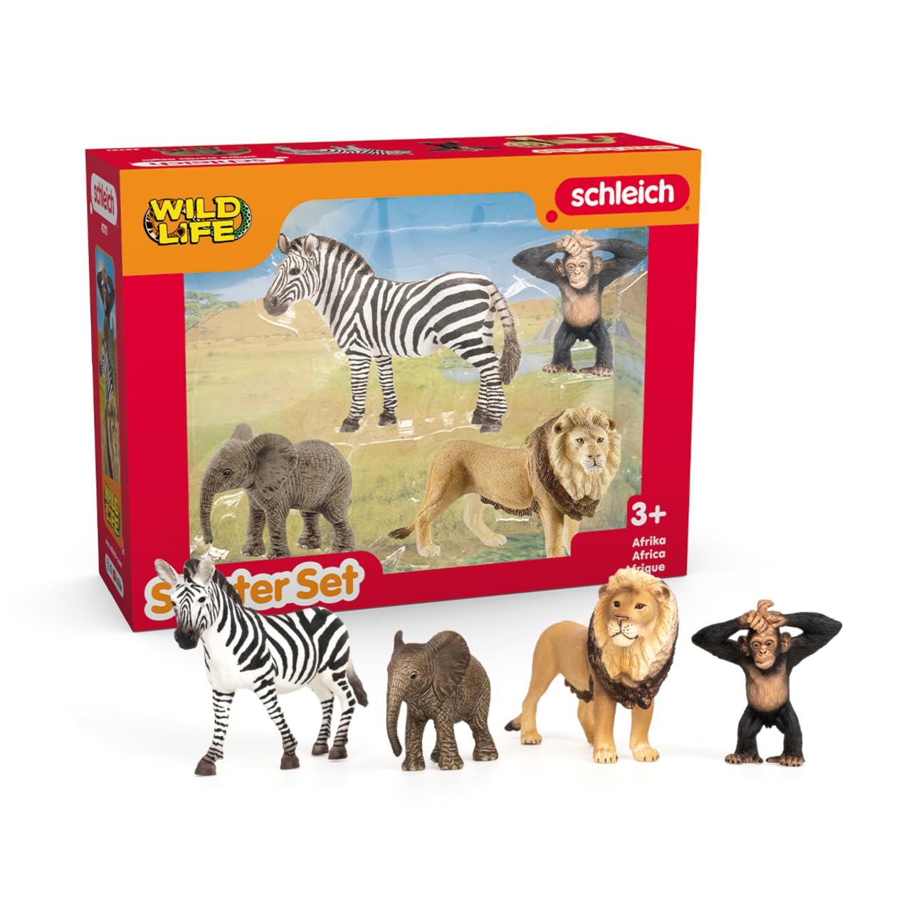 SCHLEICH Wild Life - 4 PC Safari Animals Figurines Set with Zebra, Monkey, Elephant and Lion Toys - Realistic African Animal Figures Playset for Boys and Girls - Educational Toys for Kids Ages 3+