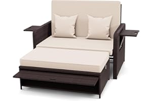 RELAX4LIFE Wicker Patio Outdoor Daybed - Rattan Day Bed Lounger with Loveseat & Storage Ottoman, Sunbed Sofa Set w/Cushions, 4-Level Adjustable Backrest & 2 Retractable Trays, Patio Daybed (Beige)