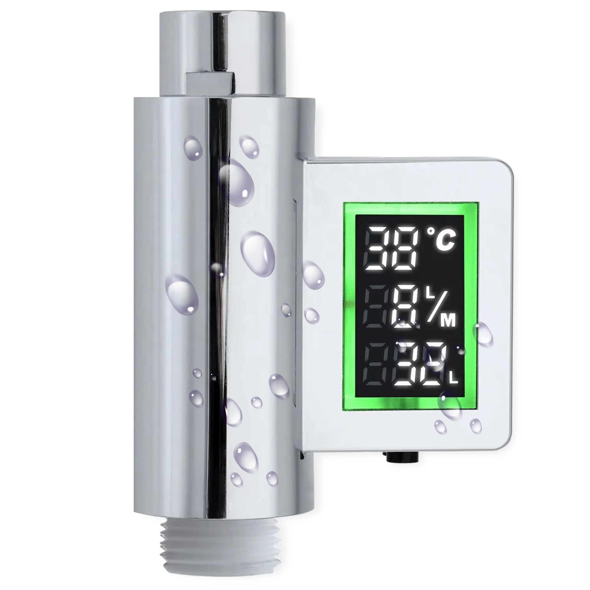 Shower Water Monitor & Digital Timer – Flow Meter, Temperature Sensor, LED Alerts, Self-Powered Water Saving Device for Bathroom, Homes, Caravans & Rentals – LOWENERGIE