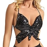 Bufenia Women's Dance Bra Tops Butterfly Sequins Crop Party Belly Dance Tops Festival Clubbing Bra (Black)