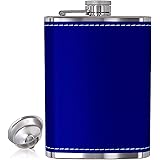 Flask for Liquor and Funnel - 8 Oz Leak Proof 18/8 Stainless Steel Pocket Hip Flask with Blue Leather Cover for Discrete Shot
