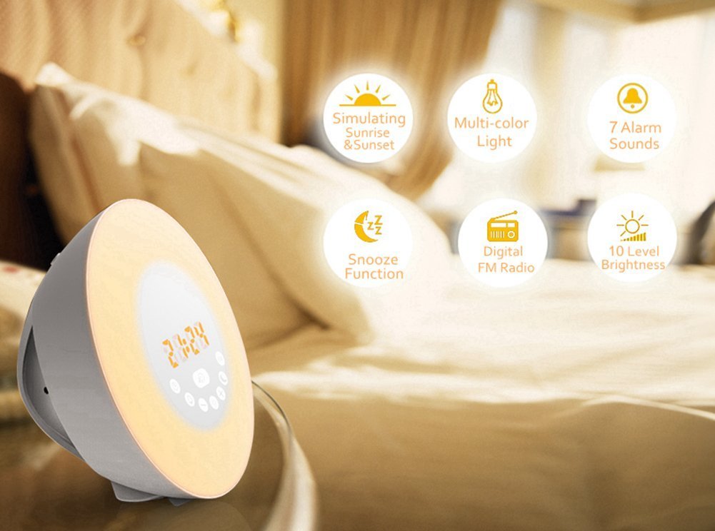 Wake-Up Light, Amteker Sunrise Simulation Alarm Clock with FM Radio Nature Sounds, 7 Colors Atmosphere Lamp,10 Brightness Bedside Lamp - Touch Control night light for Girl Lady kid Baby Bedroom