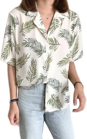 Amazon ミリケ ハワイ風 アロハシャツ レディース シャツ ビーチシャツ 葉柄 プリント ラペル Vネック 夏 春 半袖 長袖 薄手 浜辺 おしゃれ 半袖f シャツ ブラウス 通販