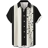 Gwnnb Music Bowling Shirts for Men Music Note Print Short Sleeve Regular Fit Casual Button Down Shirts
