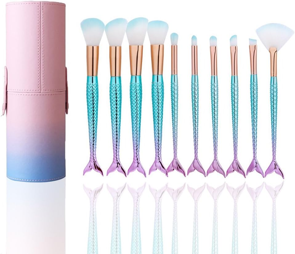 Mermaid Makeup Brushes Set Fantasy Makeup Tools Foundation Eyeshadow Mermaid Brushes Kit With a Cute Iridescent Carrying Case (10Pcs)