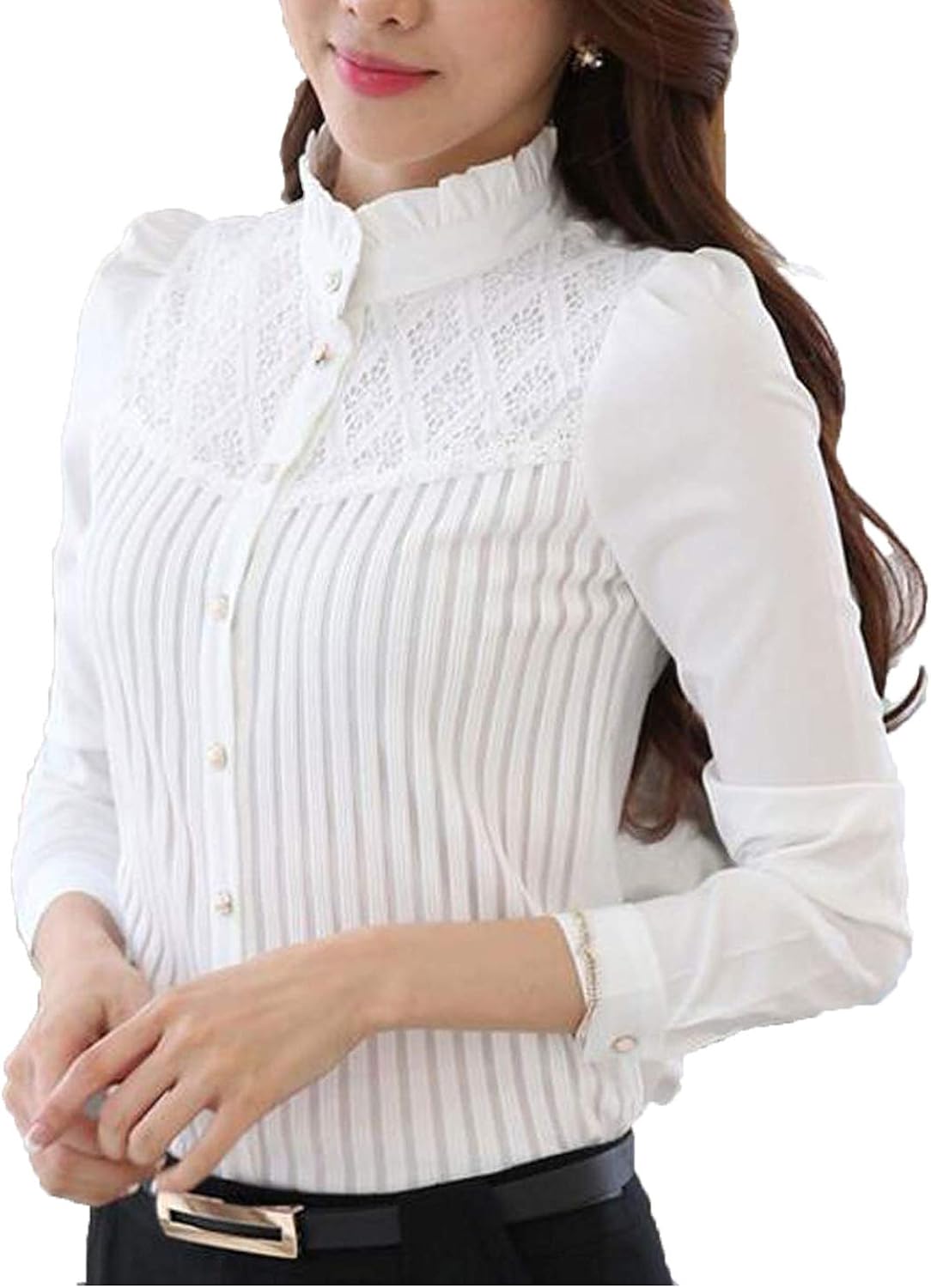 Smile Fish Women Hollow Out Lace Casual WorkLong Sleeve Elegant Blouse