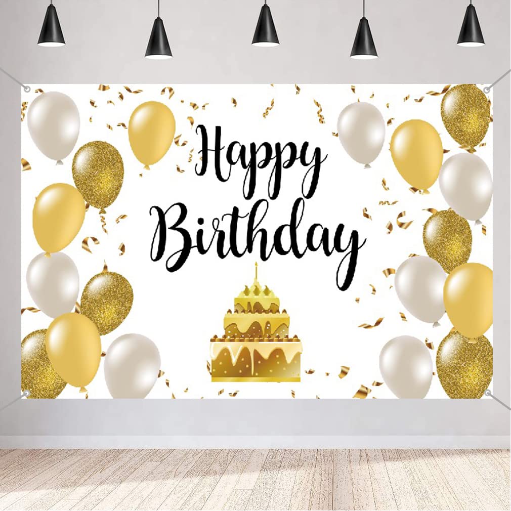 Tecreo Birthday decoration for men / women, 20th 30th 40th 50th 60th 70th 80th birthday fabric sign poster, anniversary party background banner, birthday decoration white and gold, 1.5 m