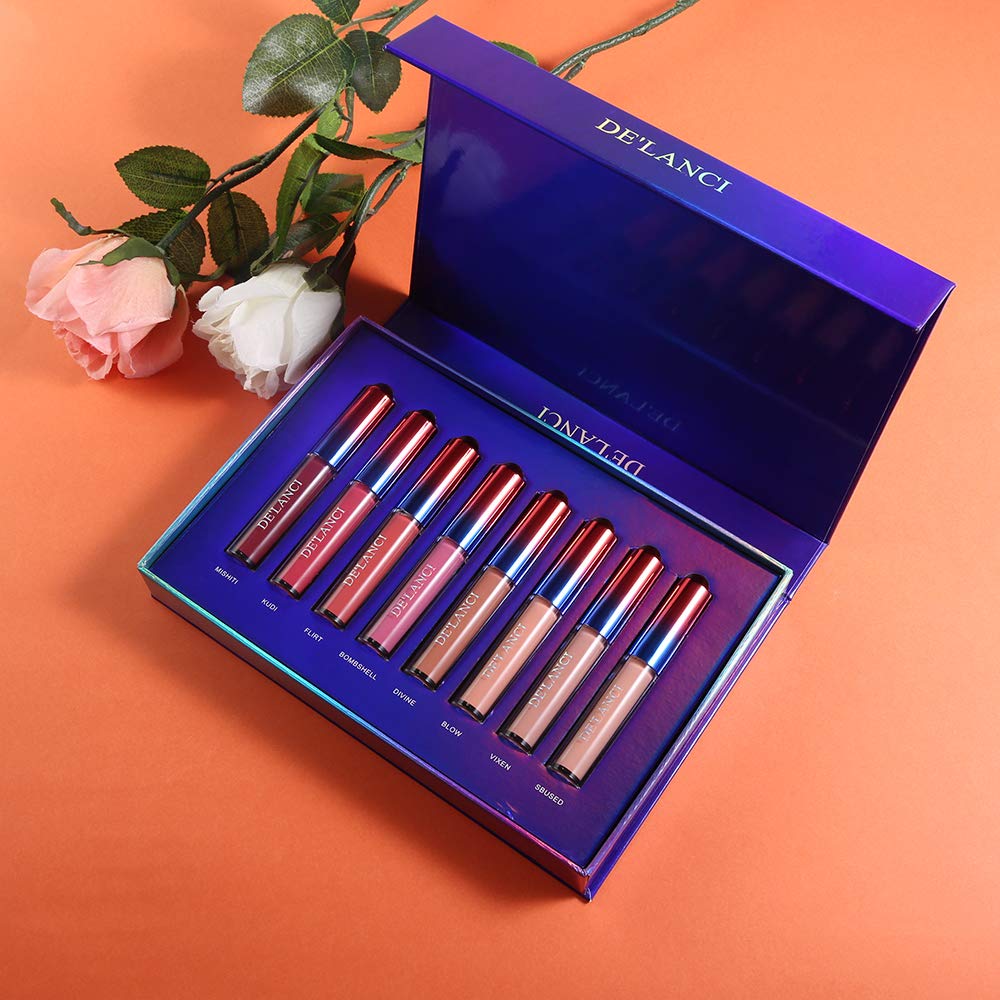 Matte Nude Lipstick Set - DE\'LANCI 8 Color Long Lasting Waterproof Non-Stick Lip Glosses with Gift Box