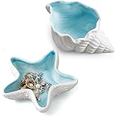2 Pack Ceramic Jewelry Tray Starfish Conch Shape Aqua Shell Trinket Plate Ceramic Conch Shell Decorative Jewelry Dish Tray Earring Rings Bracelet Holder for Dresser, Entryway, Bedroom Decor